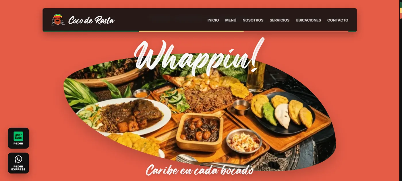 Coco de Rasta: sitio web y menú digital de un restaurante de comida caribeña costarricense