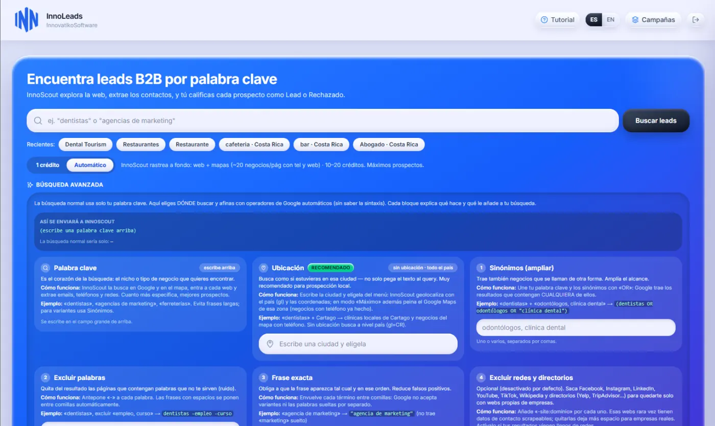 InnoLeads: herramienta de prospección B2B que rastrea la web y Google Maps para encontrar empresas